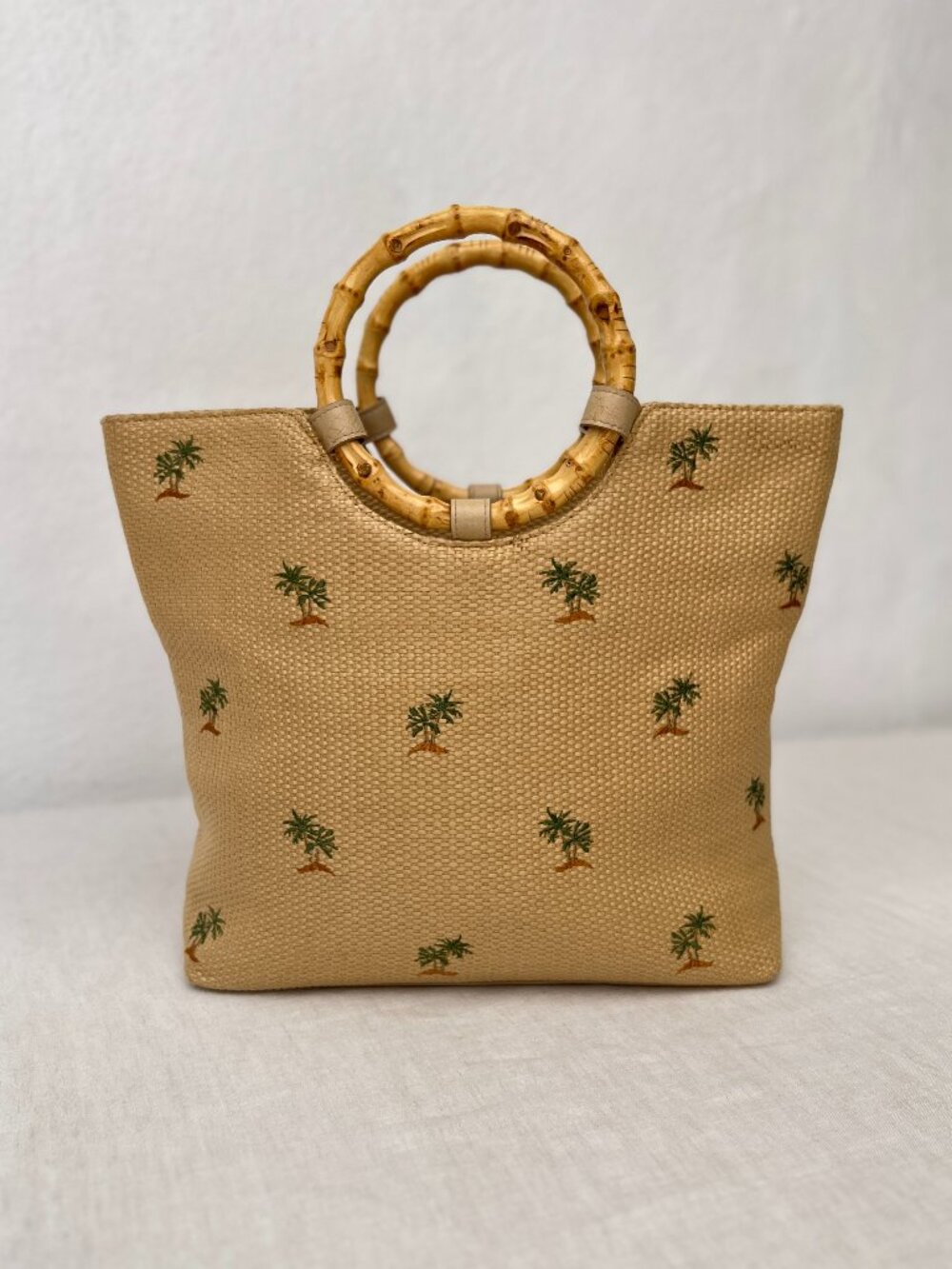 Vintage Sunny Hawaii Straw Bamboo Top-Handle Embroidered Tote Bag Purse